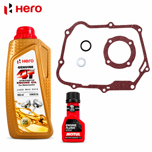 HERO GENUINE 4T PLUS SYNTHETIC ENGINE OIL 10W30 SL 900ML+ENGINE FLUSH 50ML WITH HERO FSC KIT COMBO