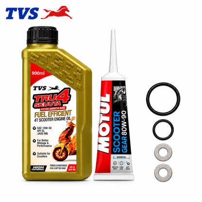 TVS TRU4 SKUUTA 10W30 SEMI SYNTHETIC 900ML+MOTUL GEAR OIL -COMBO(ORING , WASHER)