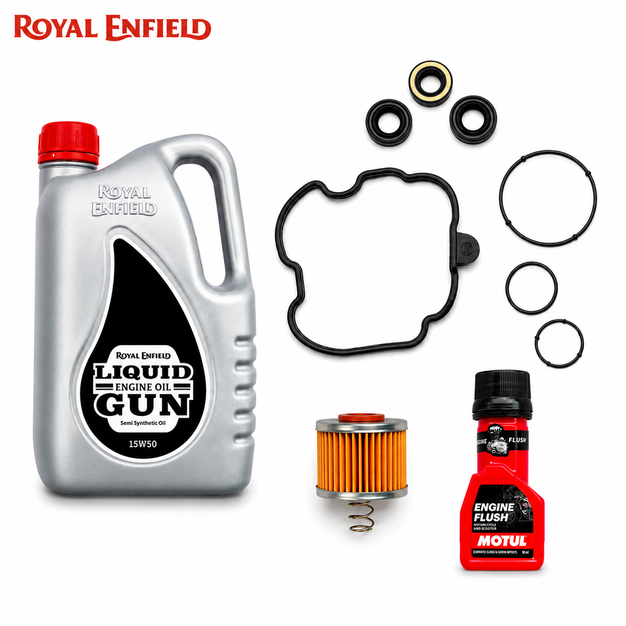 ROYAL ENFIELD LIQUID GUN SEMI SYNTHETIC(15W50) 1.7L+ENGINE FLUSH 50ML+SERVICE KIT COMBO