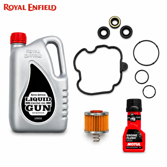 ROYAL ENFIELD LIQUID GUN SEMI SYNTHETIC(15W50) 1.7L+ENGINE FLUSH 50ML+SERVICE KIT COMBO