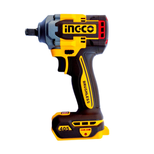 INGCO 20V Brushless Cordless Impact Wrench Combo Kit (405Nm) – 2x 2.0Ah Battery, Charger, Socket Set & Work Lamp | 1/2" Drive