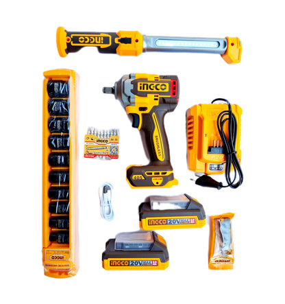 INGCO 20V Brushless Cordless Impact Wrench Combo Kit (405Nm) – 2x 2.0Ah Battery, Charger, Socket Set & Work Lamp | 1/2" Drive