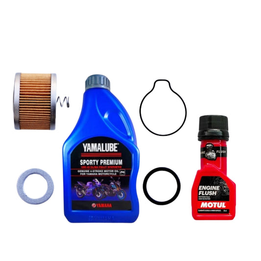 Yamaha Yamalube Sporty Premium Synthetic 10W-40 SL/MA 1L+(OIL FILTER)+(OIL DOOR ORING)+GASKET OIL D+ORING OIL G+MOTUL ENGINE FLUSH 50ML-COMBO