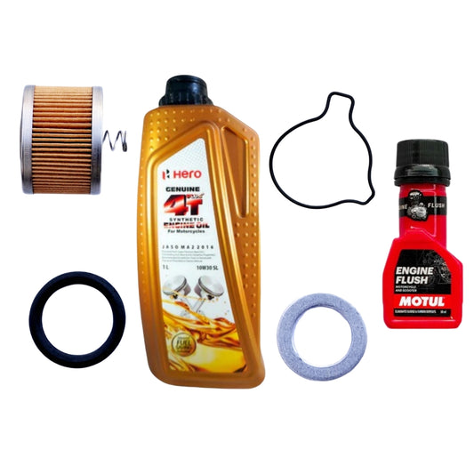Hero Genuine 4T Plus Synthetic Engine Oil 10W30 SL 1L+HERO ELEMENT OIL FILTER+HERO SEAL COVER OIL FILTER+HERO O -RING 18X3+HERO WASHER PLUG DRAIN+MOTUL ENGINE FLUSH 50ML-COMBO