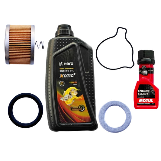 HERO 100% SYNTHETIC ENGINE OIL XOTIC+ SAE 10W30 1.25L+HERO ELEMENT OIL FILTER+HERO SEAL COVER OIL FILTER+HERO O -RING 18X3+HERO WASHER PLUG DRAIN+MOTUL ENGINE FLUSH 50ML -COMBO