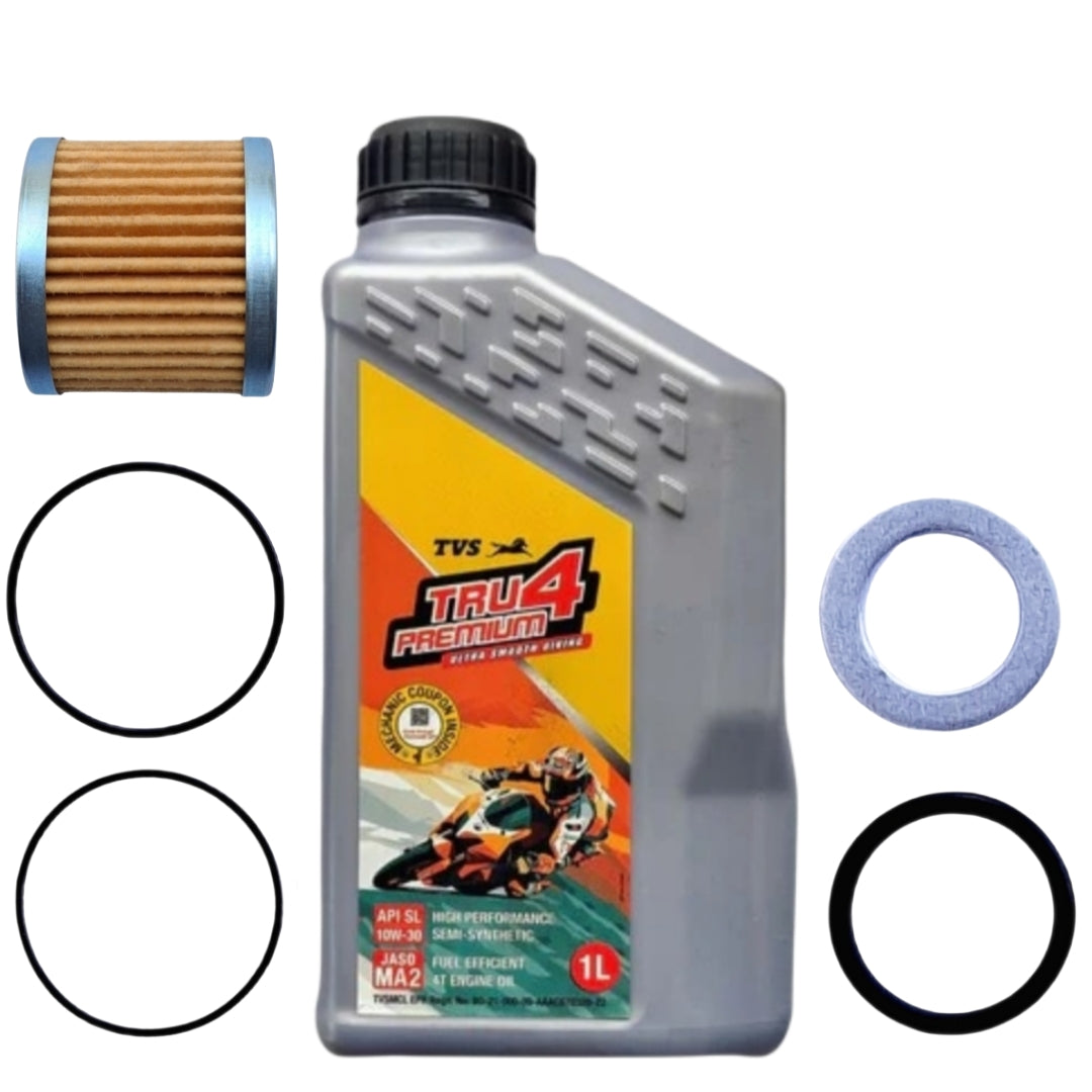 TVS TRU4 PREMIUM 10W30 SEMI SYNTHETIC 1L OIL COMBO(FILTER,ORING,WASHER)