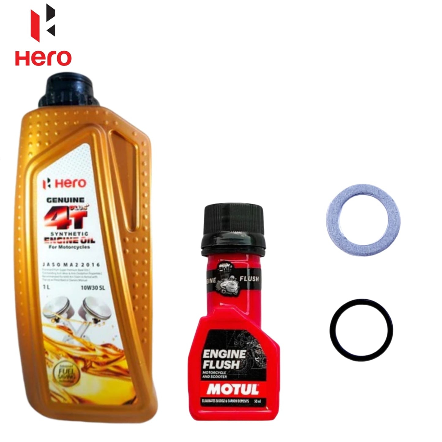 Hero Genuine 4T Plus Synthetic Engine Oil 10W30 SL 1L+ENGINE FLUSH 50ML-COMBO(ORING,WASHER)