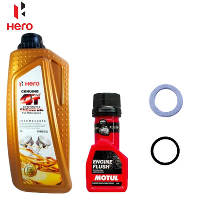 Hero Genuine 4T Plus Synthetic Engine Oil 10W30 SL 1L+ENGINE FLUSH 50ML-COMBO(ORING,WASHER)