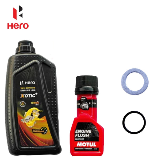 HERO 100% SYNTHETIC ENGINE OIL XOTIC SAE 10W30 1.25L+ENGINE FLUSH 50ML-COMBO(ORING,WASHER)