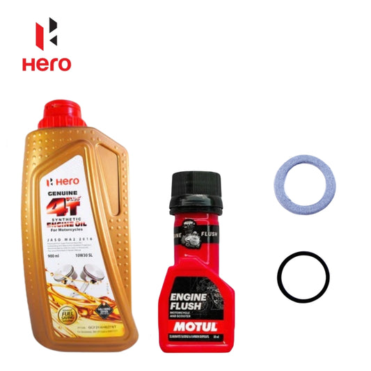Hero Genuine 4T Plus Synthetic Engine Oil 10W30 SL 900ml+ENGINE FLUSH 50ML-COMBO(ORING,WASHER)