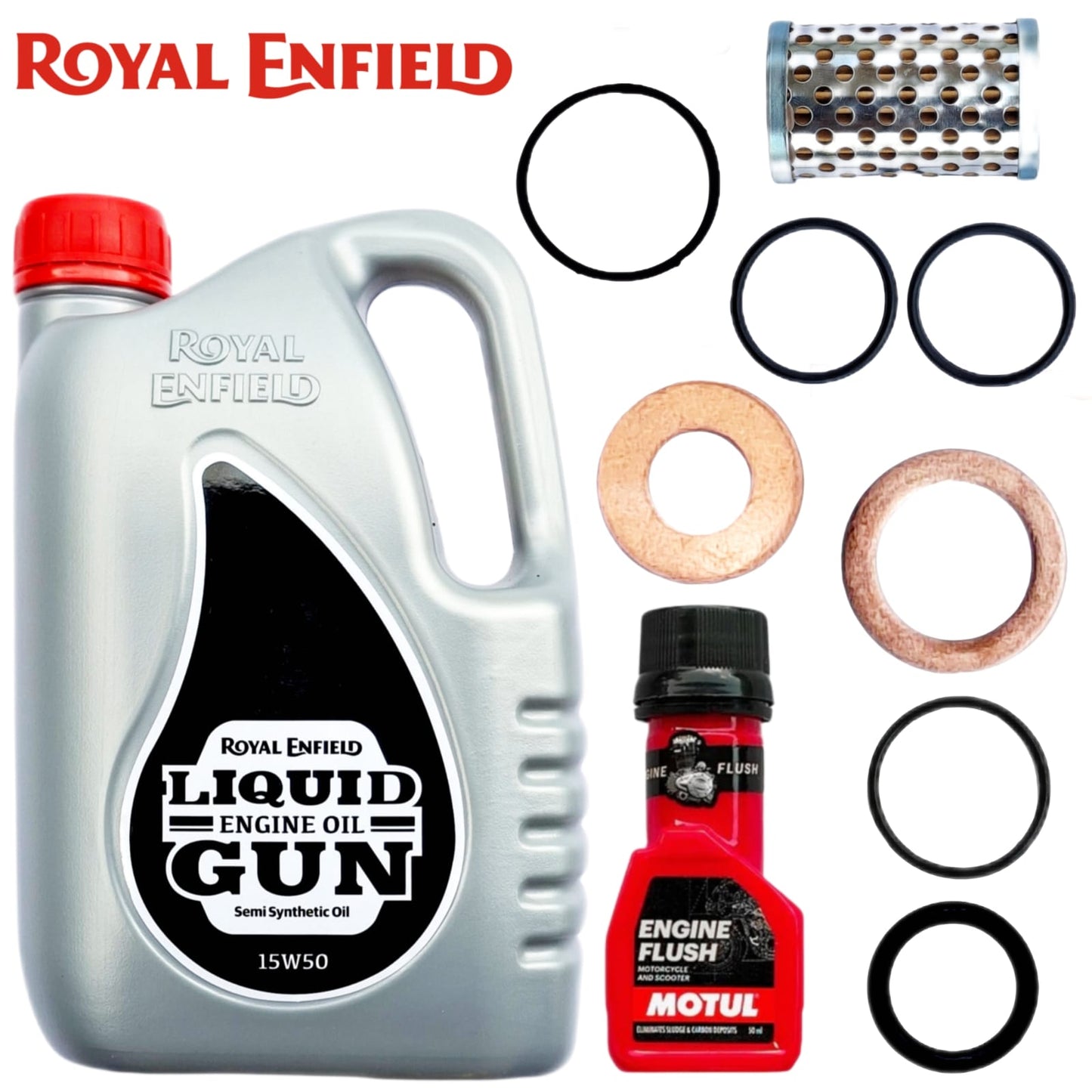 ROYAL ENFIELD LIQUID GUN(15W50) 2.5L+ENGINE FLUSH 50ML-COMBO (FILTER,ORING,WASHER)