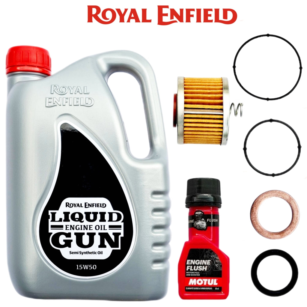 ROYAL ENFIELD LIQUID GUN SEMI SYNTHETIC(15W50) 1.7L+ENGINE FLUSH 50ML-COMBO (FILTER,ORING,WASHER)
