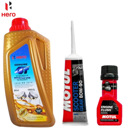 Hero Genuine 4T Plus Synthetic Engine Oil 10W30 SL 800ml+MOTUL GEAR OIL WITH MOTUL ENGINE FLUSH COMBO