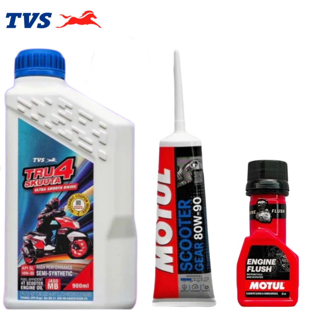 TVS TRU4 SKUUTA 10W30 SEMI SYNTHETIC 900ML+MOTUL GEAR OIL WITH MOTUL ENGINE FLUSH COMBO