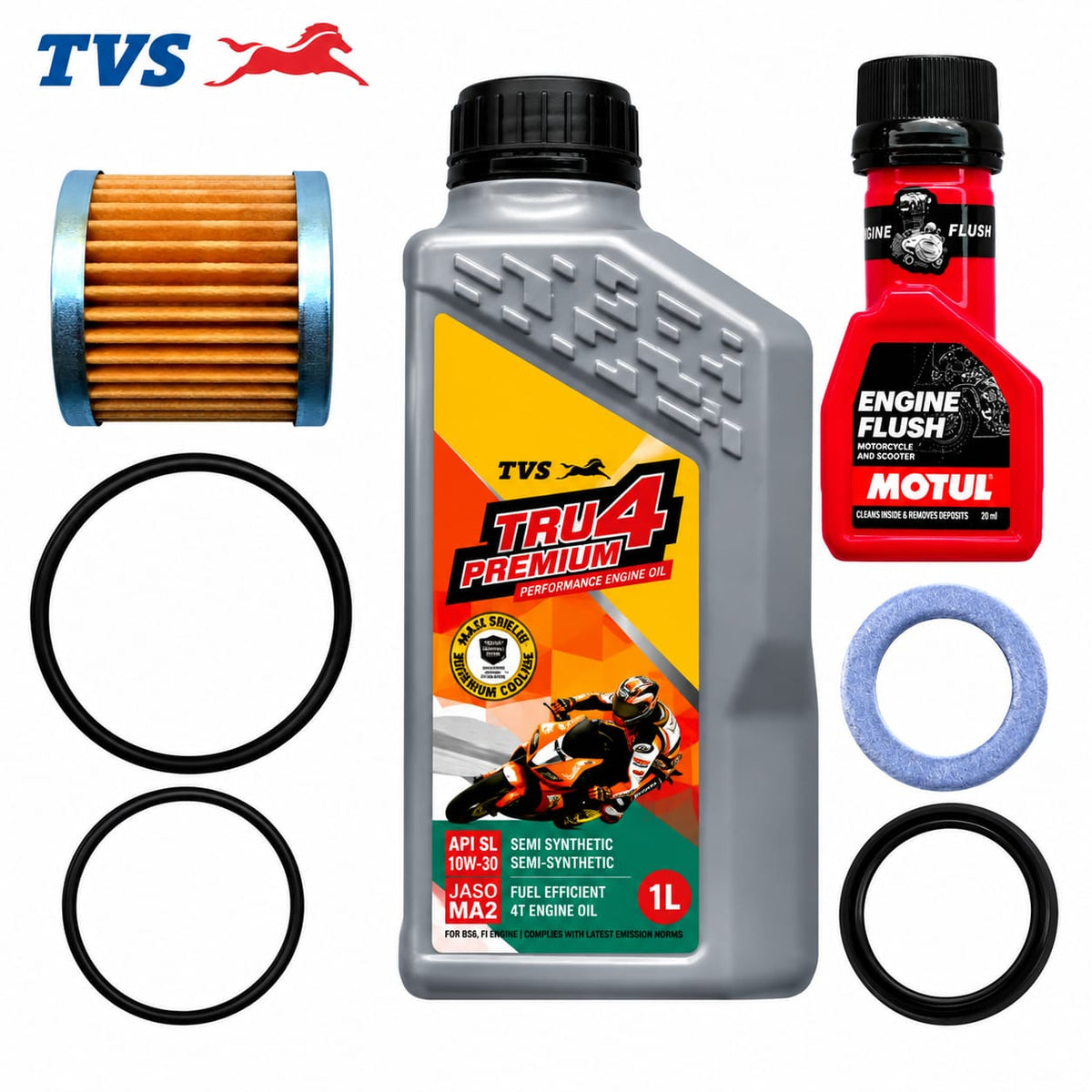 TVS TRU4 PREMIUM10W30 SEMI SYNTHETIC 1L+ENGINE FLUSH 50ML-COMBO (FILTER,ORING,WASHER)