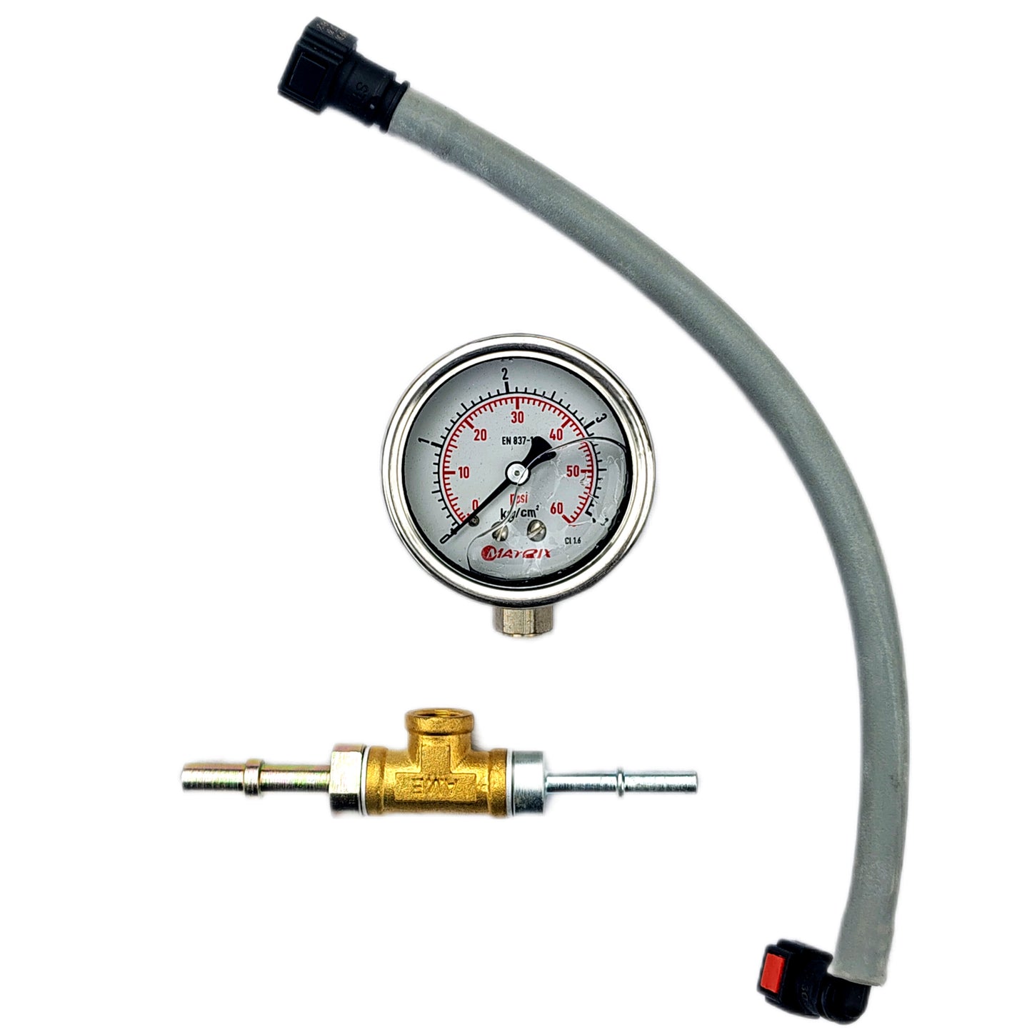 Motorcycle Fuel Pump Pressure Test Kit – Liquid Filled Gauge with Brass T-Connector & Quick-Connect Hose