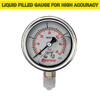 Motorcycle Fuel Pump Pressure Test Kit – Liquid Filled Gauge with Brass T-Connector & Quick-Connect Hose