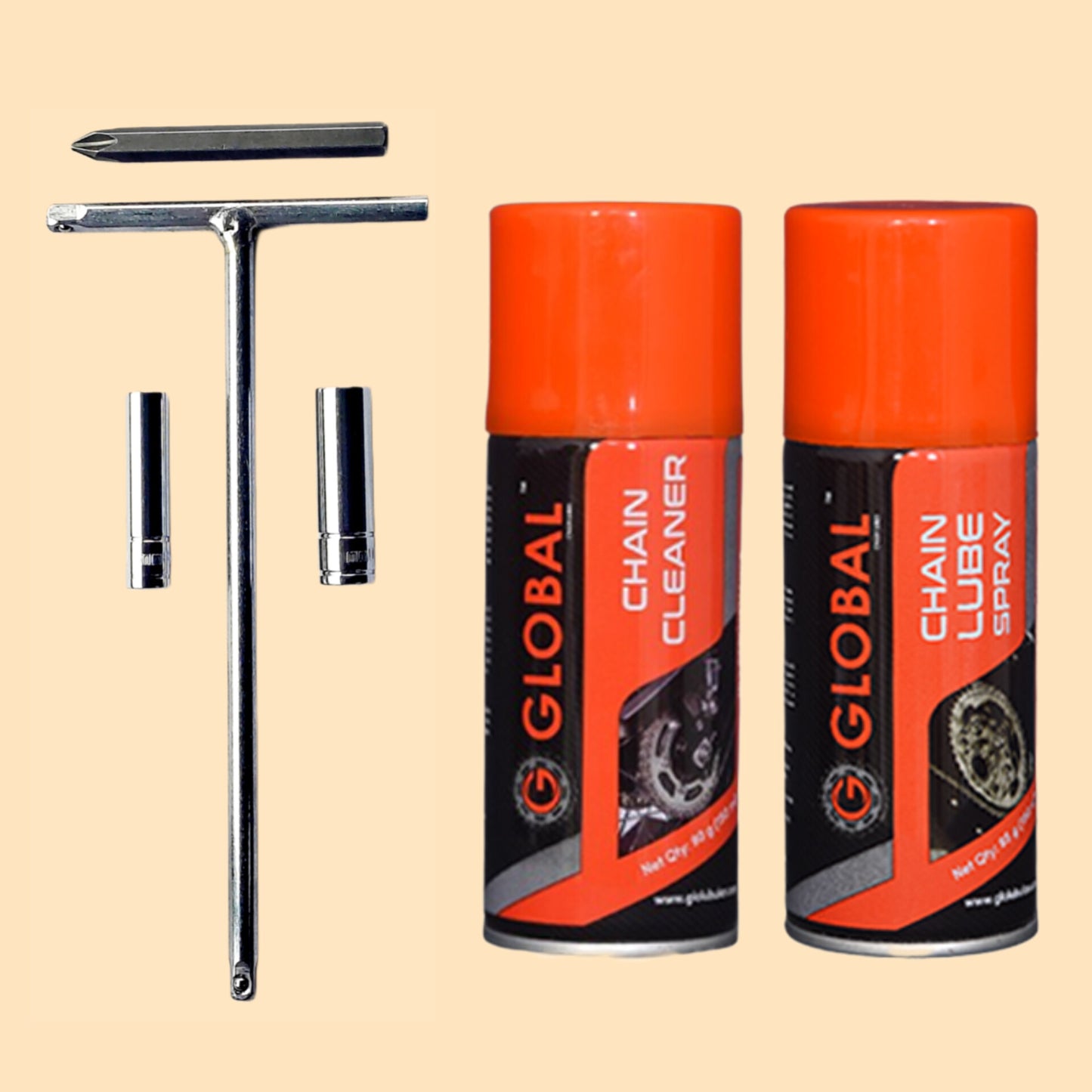 GLOBAL CHAIN CLEANER AND LUBE 300ML+4 in 1 CHAIN COVER REMOVING TOOL[COMBO KIT]